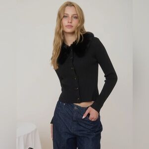 The Workshop, Black Faux Fur Collar Ribbed Button-Down Cardigan, Size S/M/L